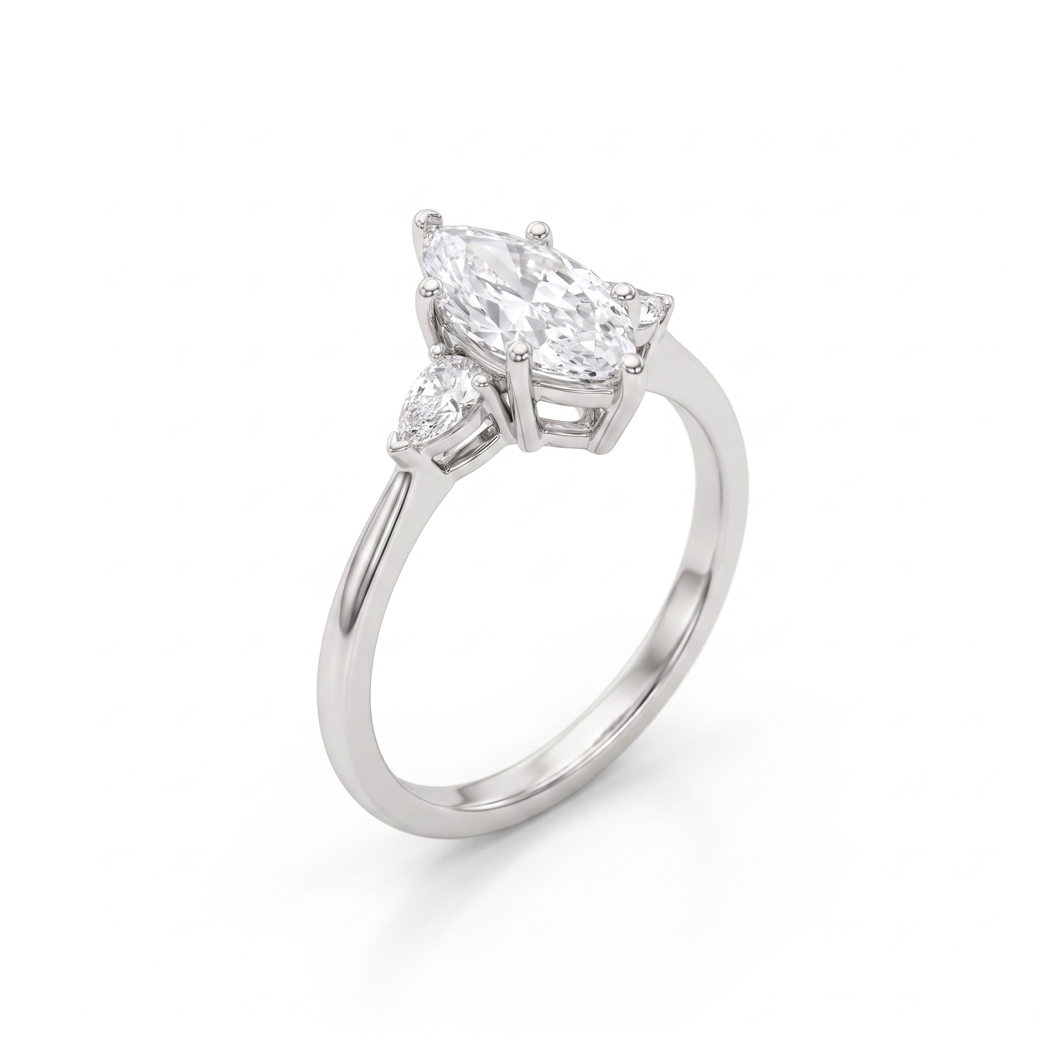 Marquise engagement ring with pear accents, three-quarter view, white gold shown