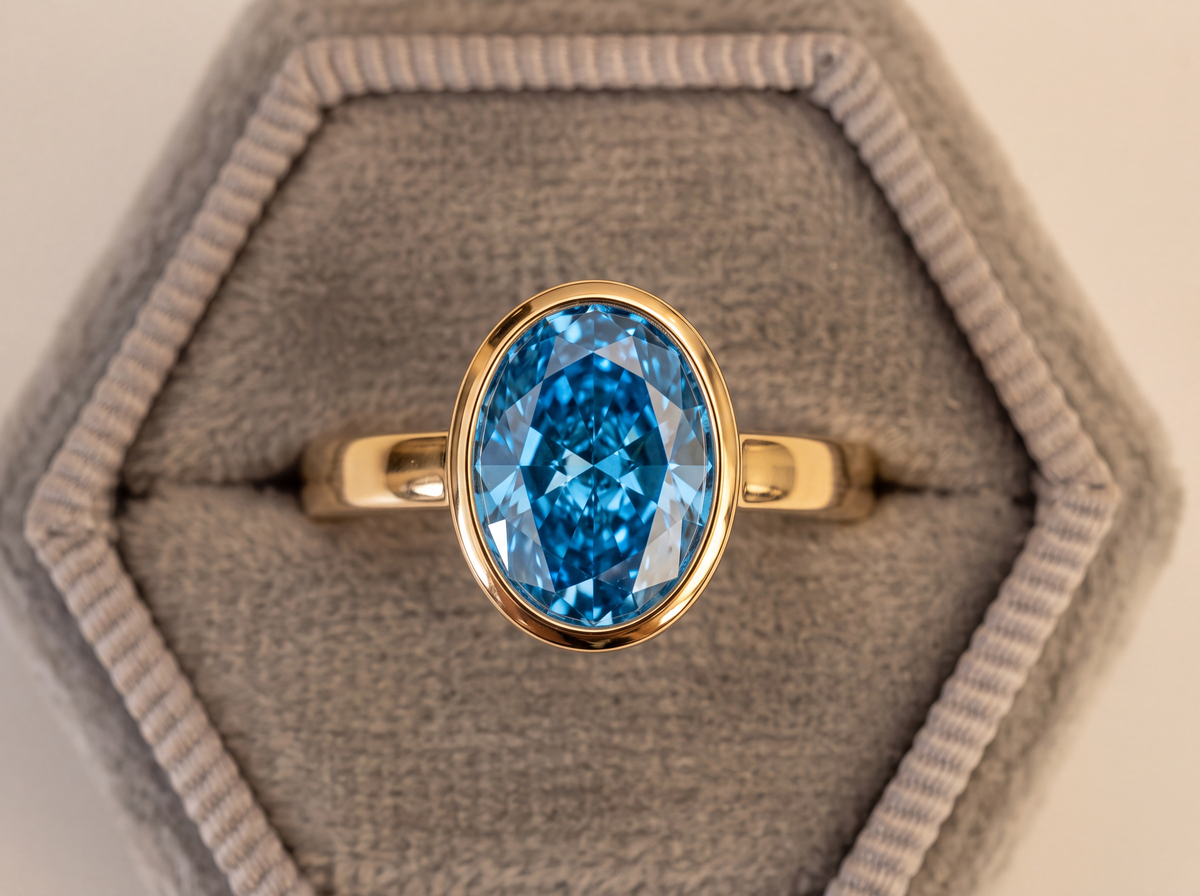 Oval blue diamond in a yellow-gold bezel-set solitaire ring, displayed in a gray velvet box.