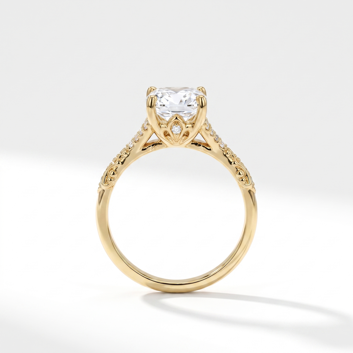 Radiant cut diamond engagement ring setting, 14K yellow gold, front view standing