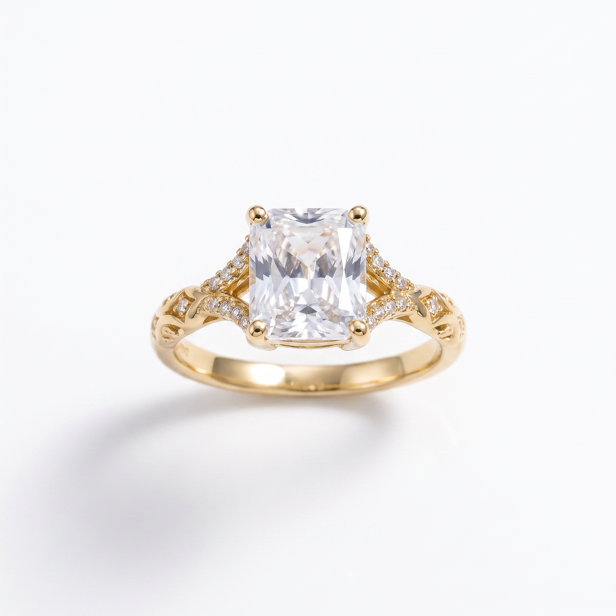 Radiant cut diamond engagement ring with engraved split shank, 14K yellow gold, top view