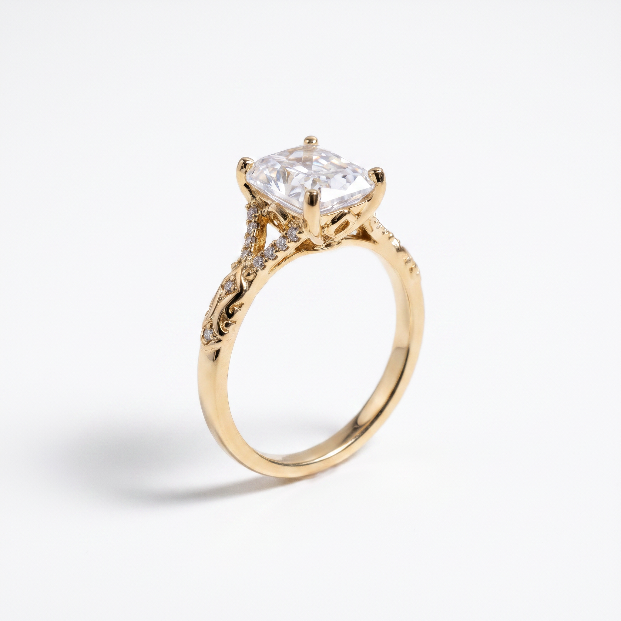 Radiant cut diamond engagement ring, 14K yellow gold, three quarter view