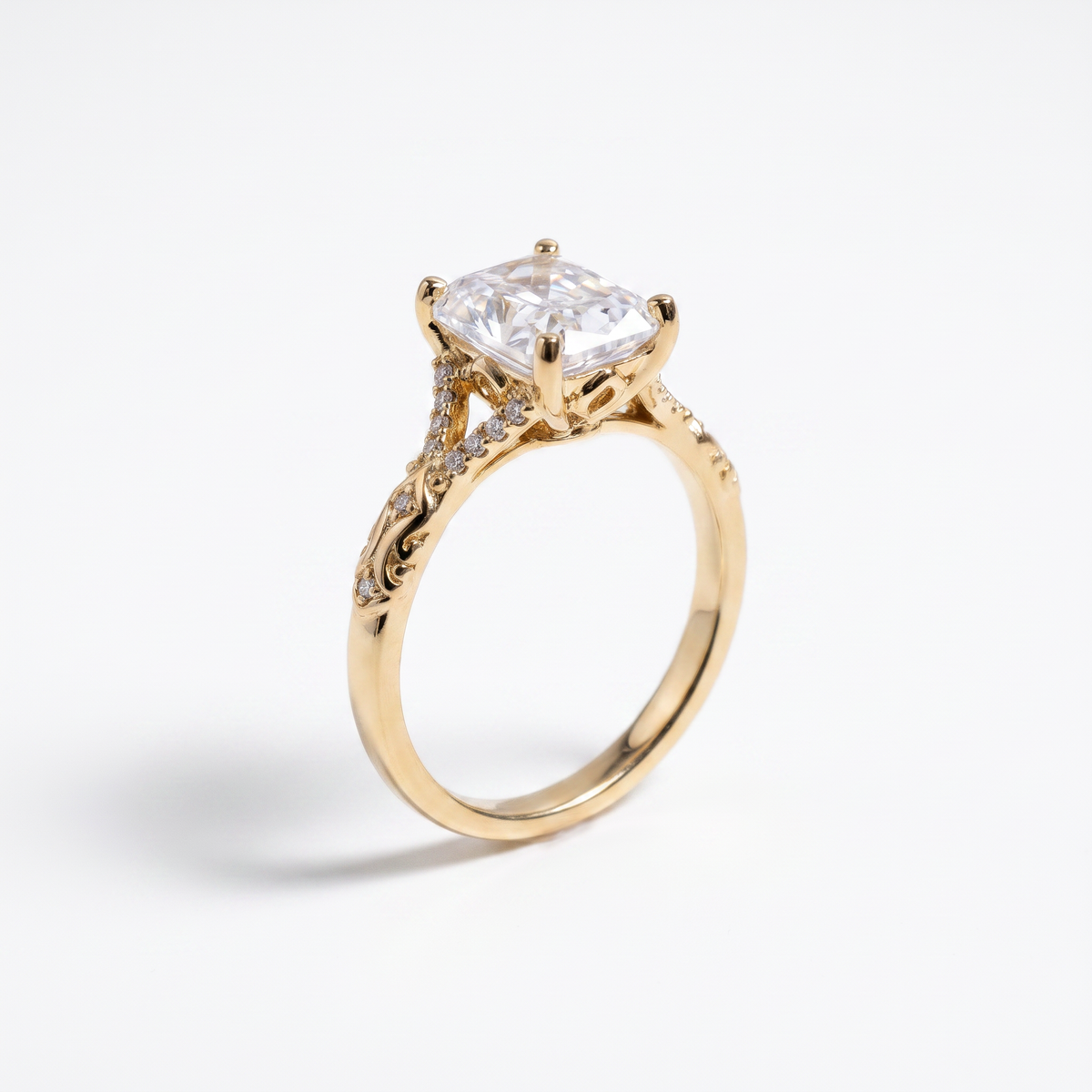Radiant cut diamond engagement ring setting, 14K yellow gold, three quarter view