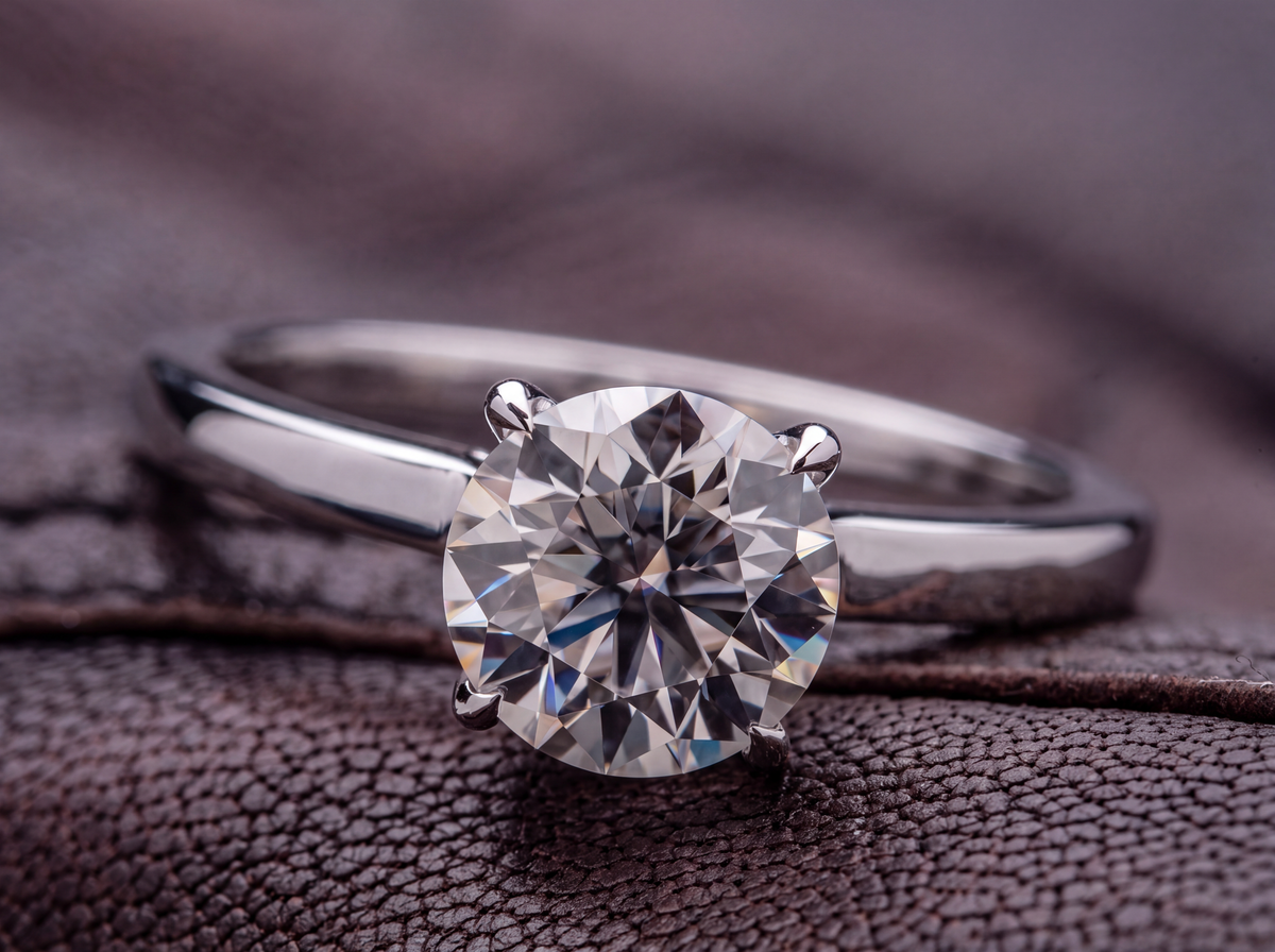 White-gold solitaire engagement ring with a round white diamond on a dark leather holder.