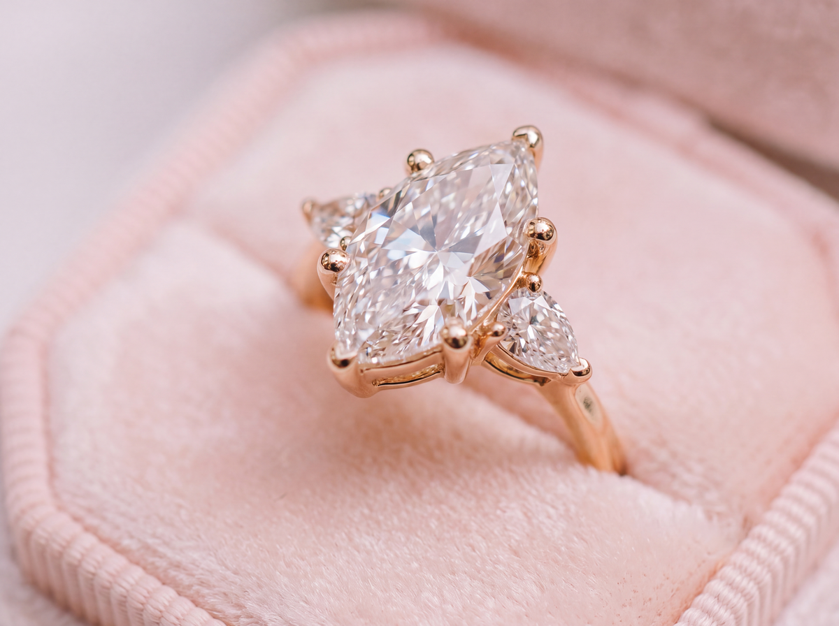 Marquise-cut center diamond with two pear-shaped side diamonds in a warm gold three-stone ring, displayed in a pink velvet box.