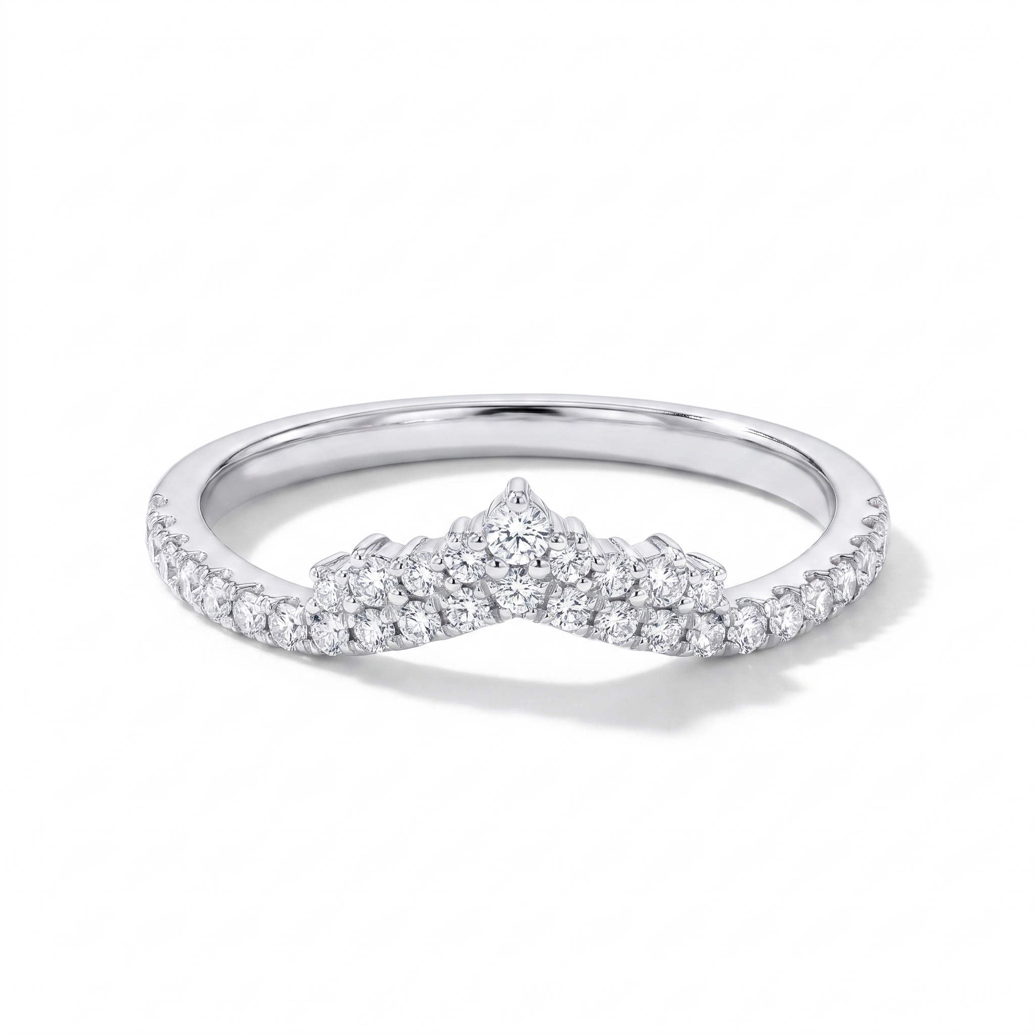 Chevron contour diamond wedding band, front view, white gold shown