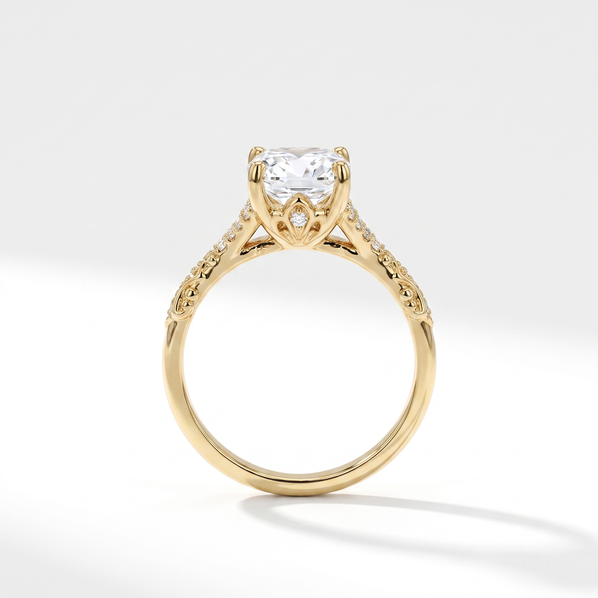 Radiant cut diamond engagement ring, 14K yellow gold, front view standing